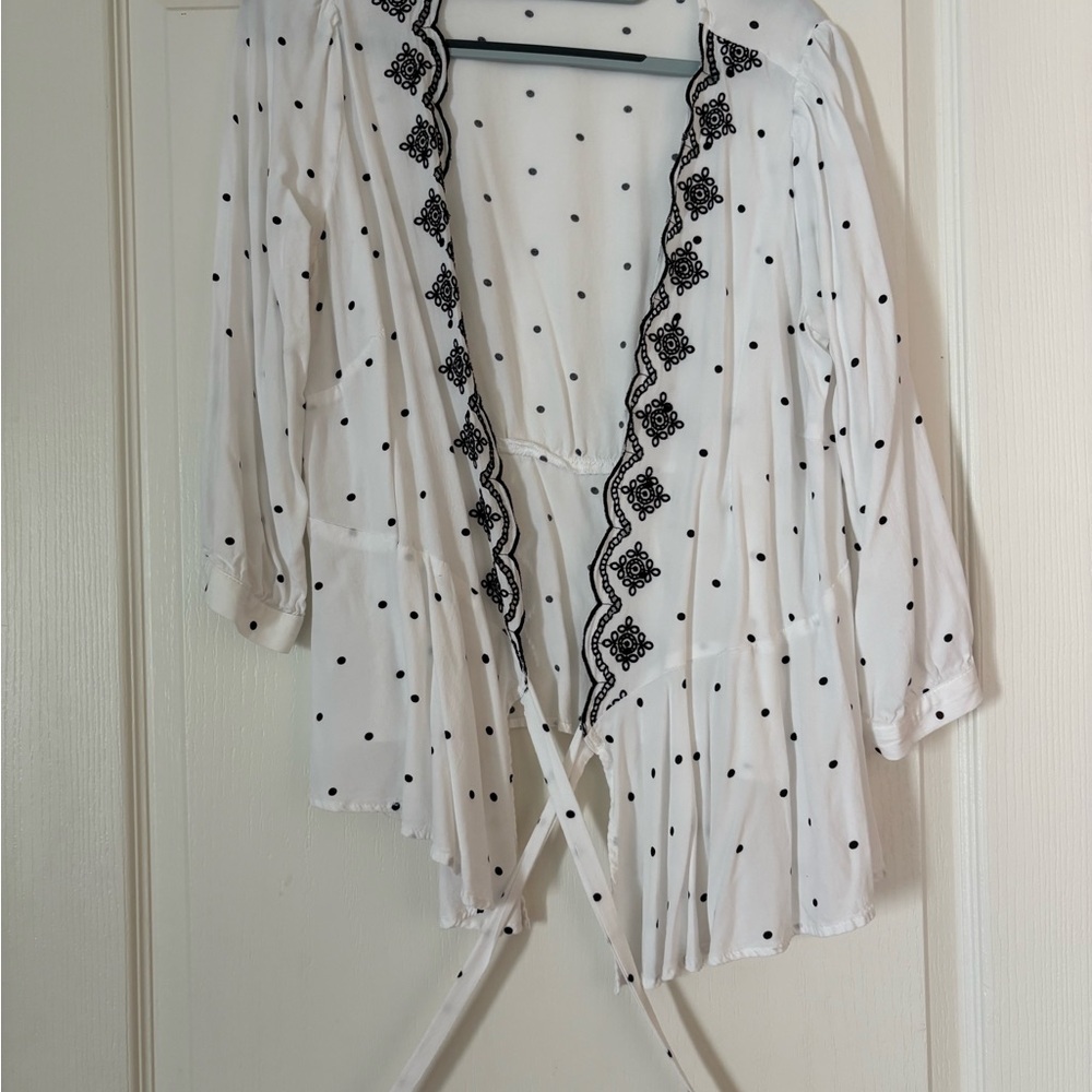 White and Black Wrap Polka Dot Women's Top